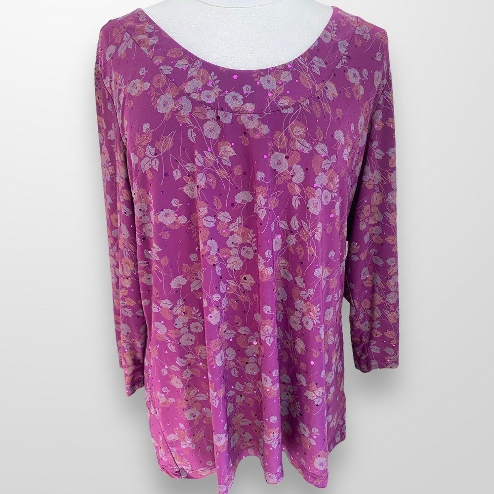 Susan Graver Size XL Top Shirt Tunic Slinky Stretchy Flowy‎ Purple Sequin Floral